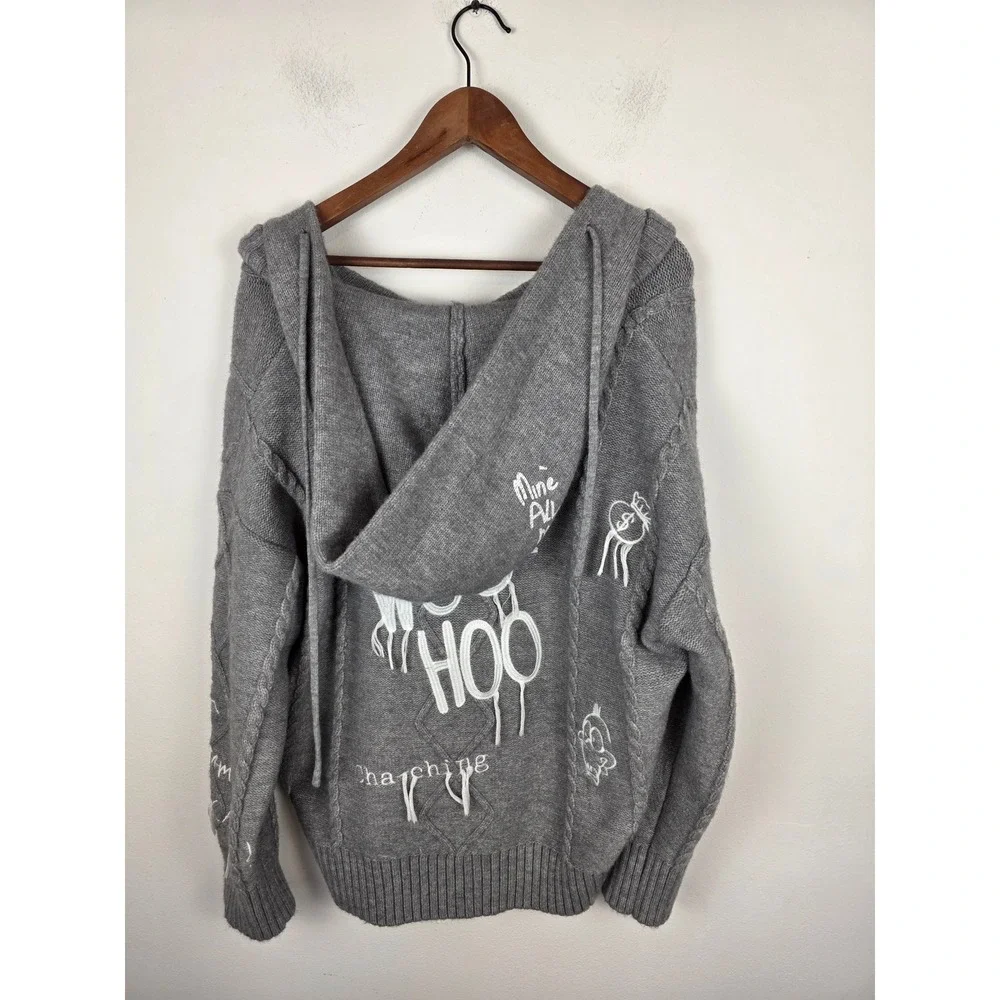 13DE MARZO Looney Tunes Daffy Duck Grey‎ Knit Hooded Cardigan Sweater Mens Med - Picture 2 of 12